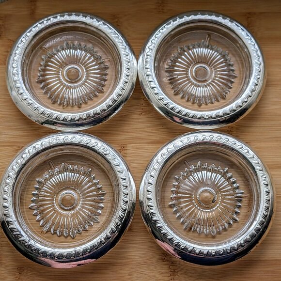 Vintage Set Of 4 Sterling Silver Crystal Sunburst Design Drink Coaster Plate #1 - Picture 1 of 4